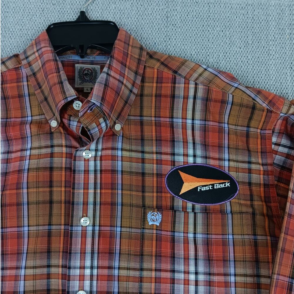 Cinch Fast Back Ropes Shirt Mens Large Red Plaid Pressed‎ Patched Roping Rodeo - Picture 5 of 11